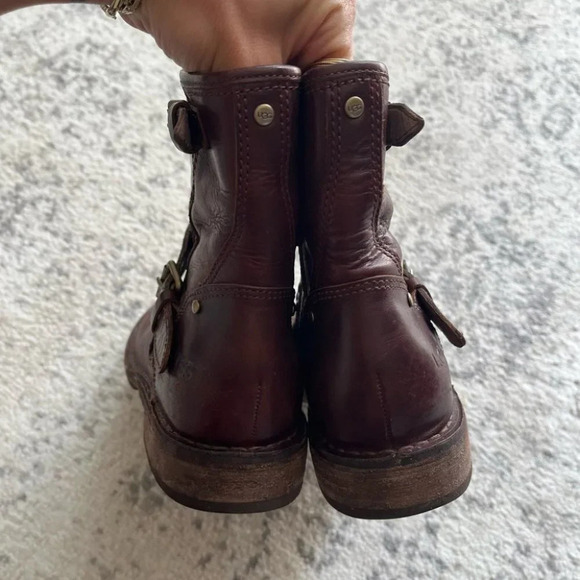 UGG FABRIZIA BROWN LEATHER MOTO HARNESS BUCKLE BOOTS 5.5 - Picture 5 of 11